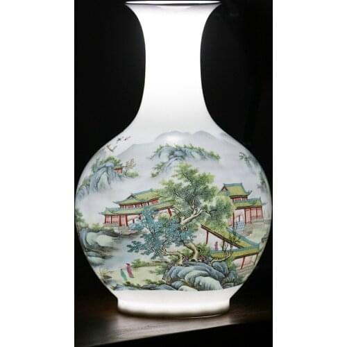 Antique Jingdezhen Vase With Flowers and Landscape Patterns Ceramic Table Vase Porcelain Decorative Vase