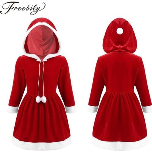 Kids Girls Christmas Dress Santa Claus Cosplay Costume Velvet Long Sleeve Fancy Dress With Hooded Xmas New Year Party Dress Up