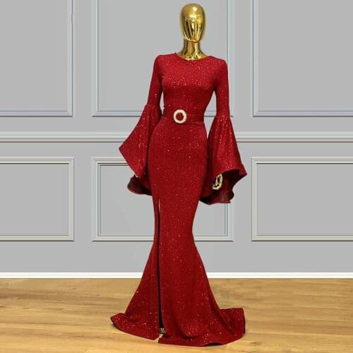 Burgundy Muslim Evening Dresses Mermaid Long Sleeves Sequins Sparkle Dubai Saudi Arabia Long Prom Dress Gown Robe De Soiree