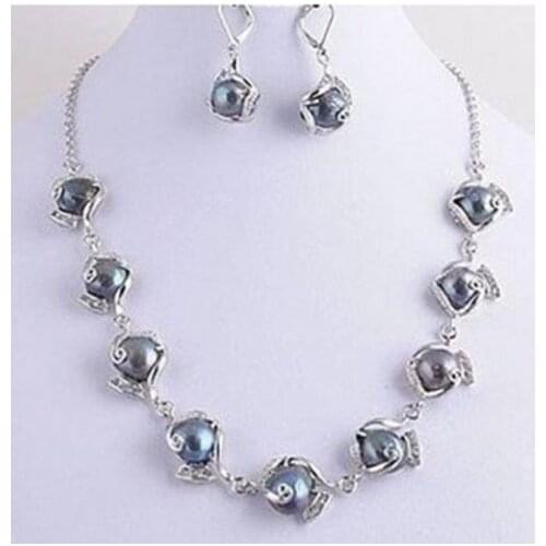 NEW Genuine Jewelry Weird Black Pearl Necklace Earring Set