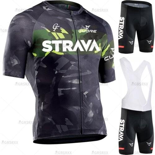 STRAVA Bicycle Clothing Set Summer Camouflage Mens Short Sleeve Bicycle Team Cycling Sweatshirt Suit Anti-UV MTB Bike Uniform