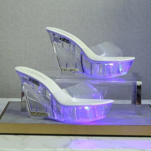 Women LED Light Slippers Ladies Trend 10CM Wedge High Heels Nightclub Luminous Sandal Transparent Sole Catwalk Pole Dance Shoes