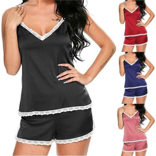 Summer Women Satin Sexy Lingerie Mesh Lace Sleepwear Pajamas Sleeveless Lingerie Sets 2022 Night Suit Pj Set Gift Pijama Mujer