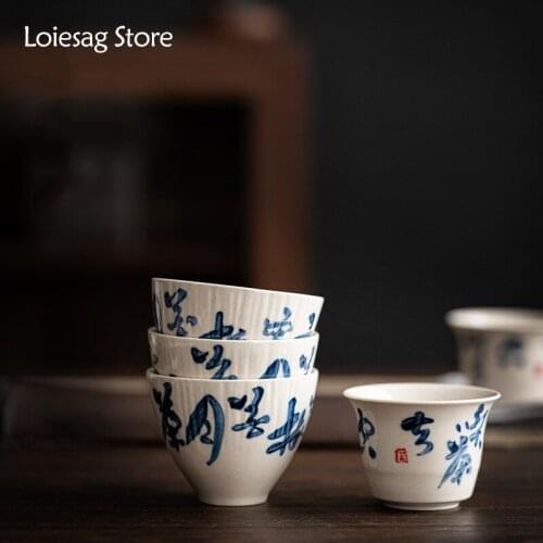 Loiesag Retro Grass And Wood Ash Small Capacity Hand Painted Blue And White Tea Cup Ceramic Japanese Kung Fu Tea Set Tea Bowl