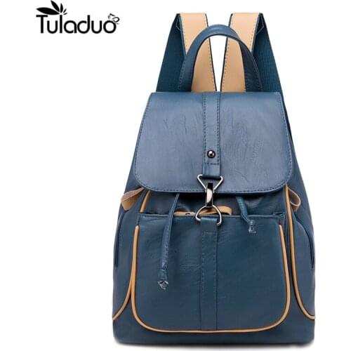 Fashionable College Style Womens Backpack Simple Portable Pink Feminine Backbag Travel PU Leather Solid Color Backpacks Blue