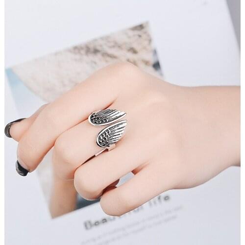 New Retro Punk Gothic Geometric Alloy Black Angel Wing Mens Open Ring Hip Hop Street Rock Jewelry Party Gift Adjustable