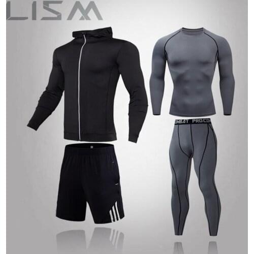 Mens MMA 4-Piece Suit Jogging Gym Sports Fitness Sportswear Compression Clothing Mens Quick-Drying Suit Clothes Sports Running