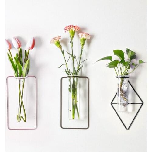 BAOYOUNI Wall Mounted Hanging Plant Glass Bottle Hydroponic Terrarium Iron Frame Flower Vase Home Decor