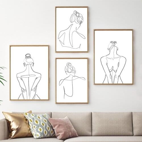 Nude Woman Line Drawing Black White Minimalist Canvas Painting Abstract Print Scandinavian One Line Sketch Poster Wall Art Decor