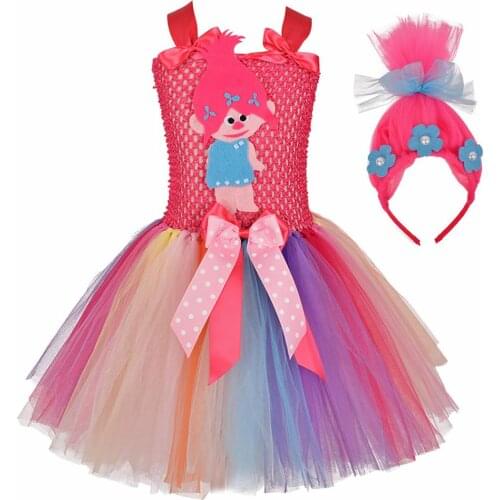Girls Trolls Tutu Dress Baby Girl Birthday Party Poppy Costumes Toddler Child Dress Up Troll Frocks Princess Halloween Costumes