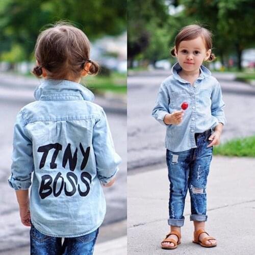 Dropshipping Baby Boys Girls TINY BOSS Print Shirts Infant Long Sleeve Cotton Denim Tops Blouse Children Unisex Spring Clothes