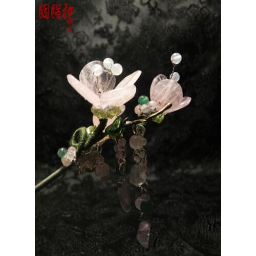 Pink crystal peach blossom classical handmade original hair stick tassel hair accessory costume accessories