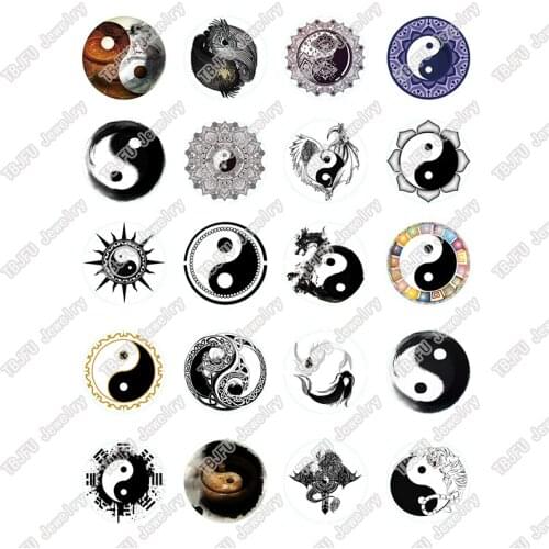 20pcs/lot 18mm 20mm 25mm Round Black & White Tai Chi Pattern Glass Cabochon for DIY Jewelry Making Findings & Components T042
