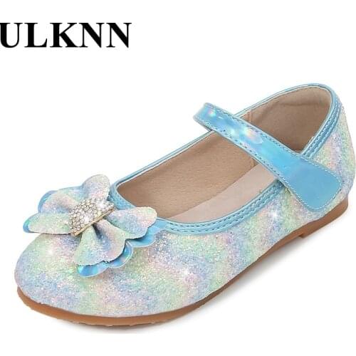 ULKNN Baby Girls Sweet Princess Flats Shoes Kids Childrens Leather Shoes With Floral Printed Rhinestone Fashion Pink Blue 25-38