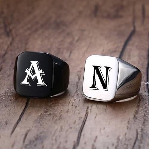 Vnox Chunky 18mm Initial Signet Ring for Men, Punk Rock Vintage Square Top Band, Stainless Steel Bold Metal 26 Letters Alphabet