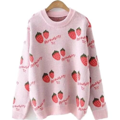 XUANHAO Women Thick Sweaters Strawberry Prined Sweet Knitted Pullovers Winter Femme Long Sleeve O-Neck Warm Cute Sweater