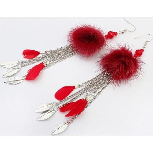 Women Fashion Jewelry Hairball Tassel Feather Dangle Earrings Girls Ethnic Boho Accessories Retro Drop Earrings