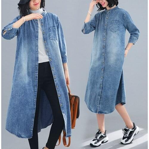 New Spring Autumn Women Trench Casual Loose Plus Size Retro Loose Single Button Long Style Denim Coat For Female Jeans Trench