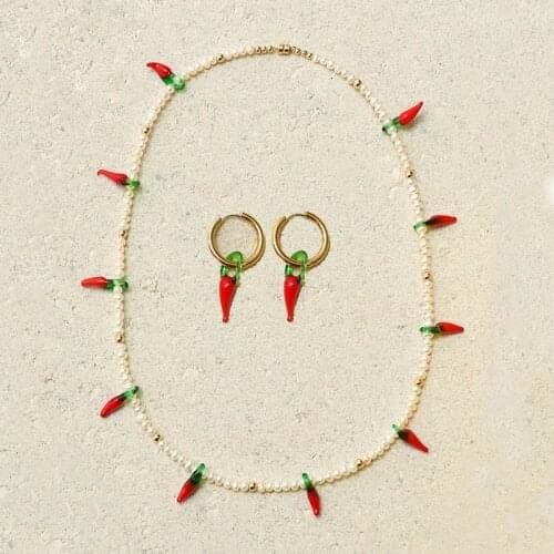 Boho collares largos grandes mujer 2021 freshwater pearl necklace glass Red chilli pendant charms women necklace colier femme