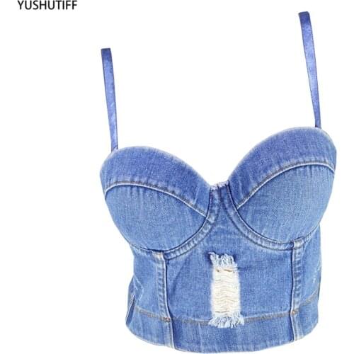 Autumn Cropped Sexy Corset Women Tops 2020 Denim Hole Camis Crop Top To Wear Out Show Nightclub Tank Top with Built In Bra DB831