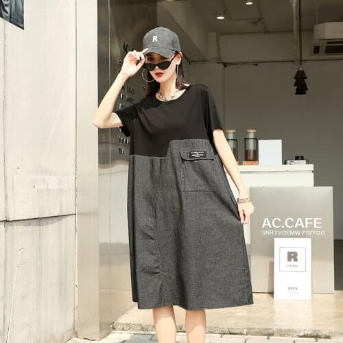 210523 Patchwork Denim Dress Women Short Sleeve Loose Pleated O-neck Pullover Fashion Casual Street Summer 2021 New