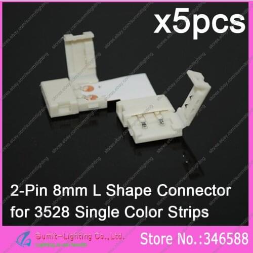 5pcs/LOT 2Pin 2-Pin 8mm L-shape 2-Way PCB Corner Connector Solderless Adaptor with Clips for 3528 Single Color LED Strips