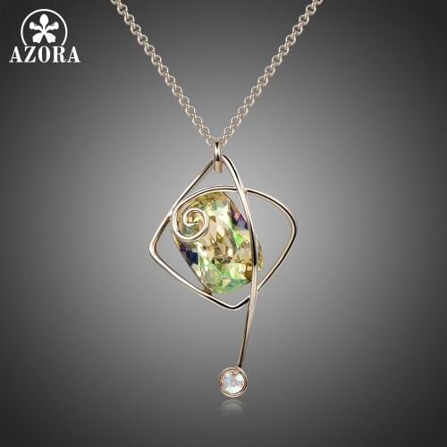 AZORA Brand Design Pendant Necklace for Women Wedding Dating Luxury Rectangle Green Austrian Crystals Long Pendant Choker TN0295