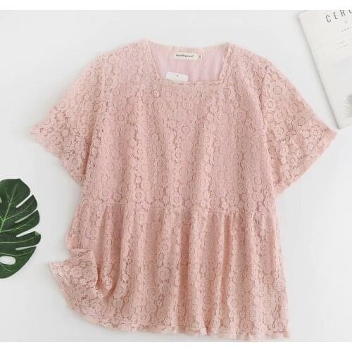 Plus size blouses tunics shirts 2021 fashion ruffled collar short sleeve Flower lace summer Womens t-shirts white black pink