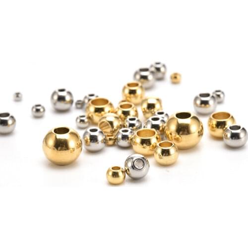 50pcs gold Stainless Steel Round Ball Beads 2 3 4 5 6 8 10mm bead with Large Hole European Space Beads for DIY Jewelry findings