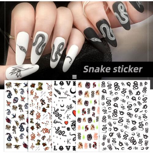 Black Snake Design 3D Nail Art Stickers Skeleton Nails Decal Flower Butterfly Patterns Adhesive Manicure Decorations Accessory