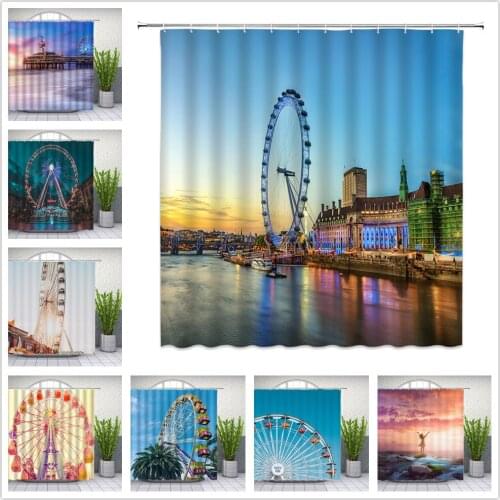 Landscape Shower Curtains Seaside Dreamland Ferris Wheel Colored Sky Seawater Bathroom Decor Waterproof Cloth Curtain Set Cheap