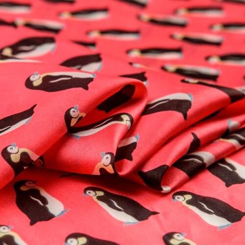 Printed Summer Thin Silk Habotai Fabric,Watermelon Red Color,Cute Cartoon Penguin,Sewing for Child,Dress,shirt,Craft by the Yard