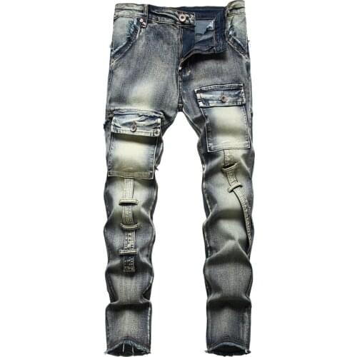 Mens Pockets Cargo Denim Jeans Vintage Retro Blue Slim Straight Pants Fringe Trousers