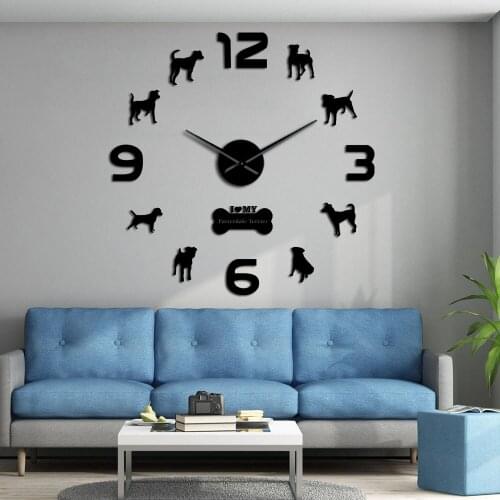 Patterdale Terrier Dog Breed Living Room Wall Decor Clock Animal Design Self Adhesive DIY 3D Wall Watch Puppy Doggie Lover Gift