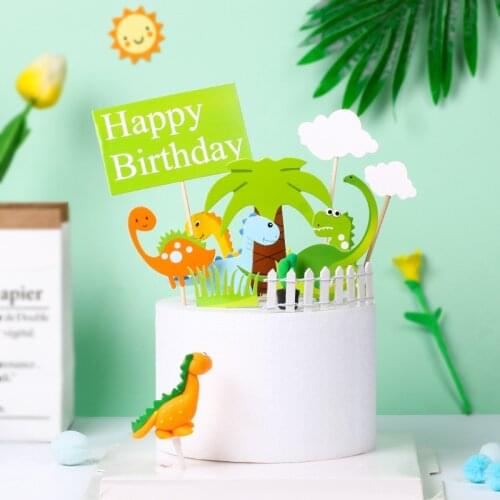 Small dinosaur volcano cake decorating happy birthday cake topper green grass baking decoration Childrens Day Cartoon animal