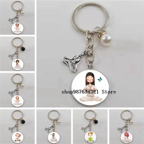 New Yoga Keychain Modern I Love Yoga Glass Round Keychain Cute Cartoon Character Buddha Female Jewelry Keychain