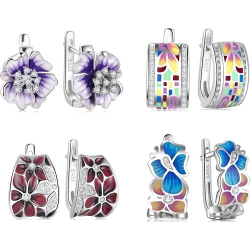 OGULEE New 925 Sterling Silver Sparkling CZ Exquisite Flower Earrings for Women Gold Blue Enamel Jewelry Valentines Day Gift