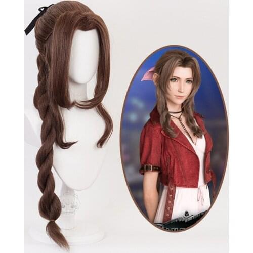 Final Fantasy VII Aerith Gainsborough Cosplay Wigs Brown Long Curly Heat Resistant Synthetic Hair Wig Peruca + Wig Cap