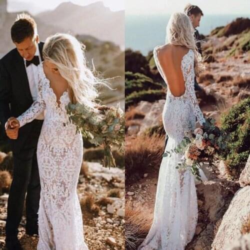 Verngo Sexy Boho Wedding Dress Mermaid Backless Bohemia Lace Wedding Gowns Long Sleeves Bride Dress Custom Made Vestido de noiva