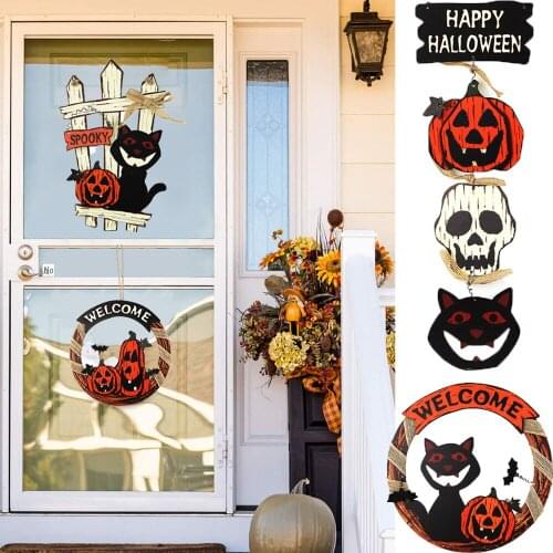 Welcome Card Wooden Door Hanging Sign Pumpkin Black Cat Bat Ornaments Halloween Festival Party Decor Board Halloween Decoration