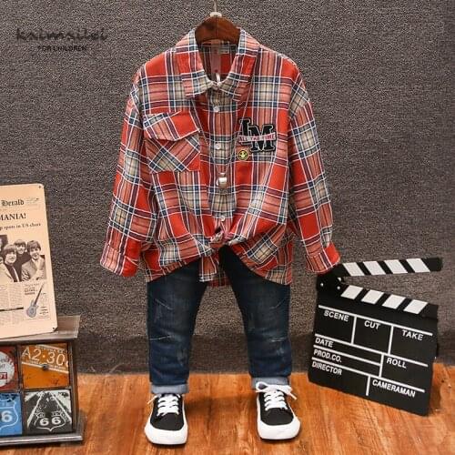 Boys' shirts spring clothes, big childrens spring and autumn childrens plaid shirts, long-sleeved fashionable tops