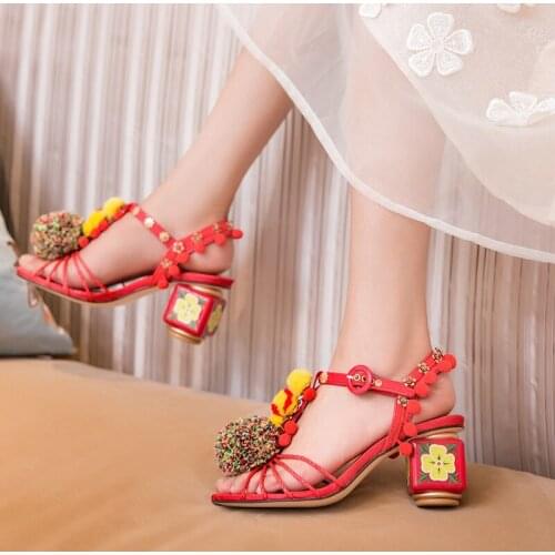 Summer beading Sandals square high heels buckle Printed sun flower party shoes