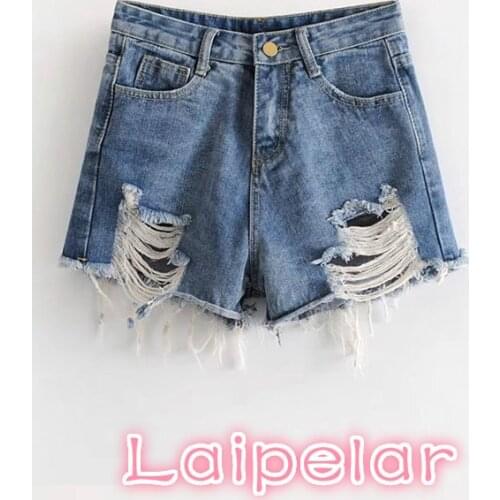 Sexy pockets ripped high waist shorts Street fashion hole cotton denim shorts new Summer white tassel jeans shorts women
