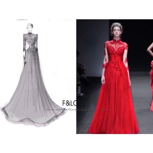 Custom three quarter Sleeves Sexy see through back Red high neck long Prom gown 2015 Lace Applique Evening Gowns Formal Dresses