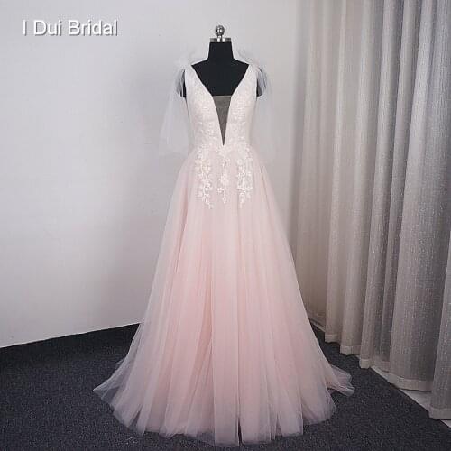 Light Pink Wedding Dress Deep Neckline Lace Appliqued Beaded Unique Design