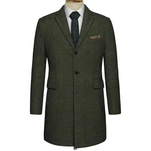 Warm Tweed Long Coat Dark Green Herringbone Custom Made 2020 Tweed Medium Long Jacket Mid-Length Coats Mid Length Winter Coat