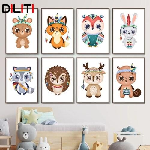 Bohemian Baby Animal Nursery Wall Art Print Bear Deer Rabbit Owl Canvas Painting Nordic Print Pictures Baby Room Decoration