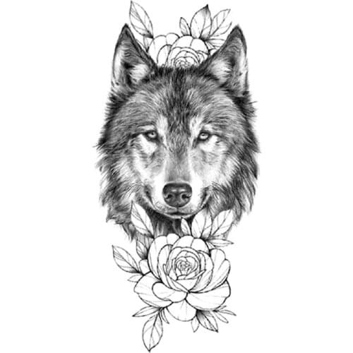 Black Wolf Totem Waterproof Temporary Tattoo Sticker Sketch Flowers Leaves Fake Tattoos Flash Tatoos Arm Body Art for Women Men