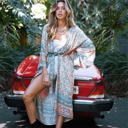 2020 Bohemian Printed Self Belted Loose Summer Beach Tunic Plus Size Beachwear Long Kimono Cardigan Boho Women Tops Blouse