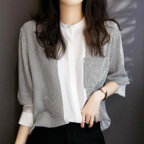 2021 Blusas Female Top Loose Chiffon Shirt for Womens Fashion Striped V Collar Long-sleeved Dropshipping Casual Office Top 0958